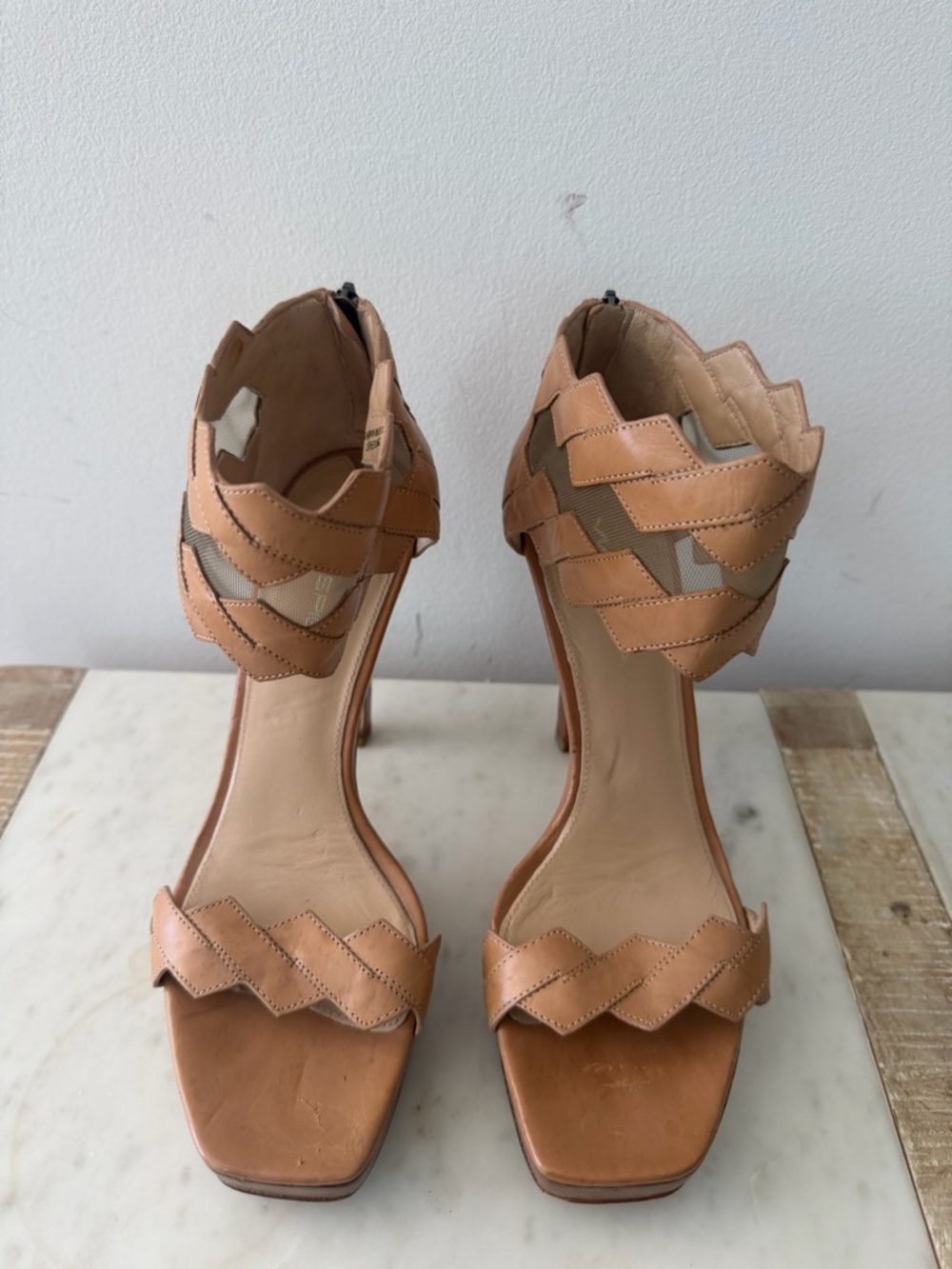 Via Spiga Beige/Tan Leather Zigzag Strap Stiletto Sandals
